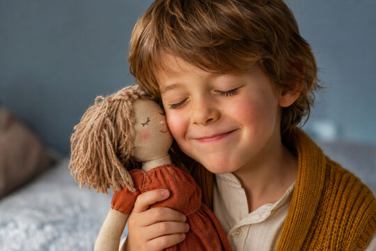 Tender Boy Cuddling a Handmade Doll and Breaking Gender Stereotypes in Childhood