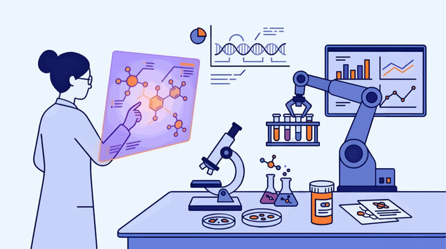 Scientist uses holographic interface for drug discovery, with robotic arm and microscope in lab