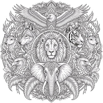 Wildlife Mandala of Noble Creatures, wildlife mandala, animal mandala, noble creatures, wildlife illustration, animal illustration, decorative mandala, nature art, wild animals, majestic animals, anim