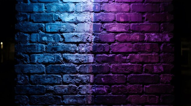 Brick wall illuminated with split blue and purple neon light