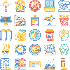 Fototapeta premium Set of diverse vector icons depicting various concepts including business targets, food items, natural phenomena, and social or environmental services