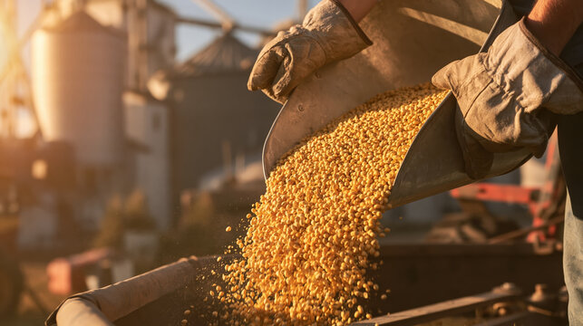 Agricultural worker pours golden grain into hopper during harvest