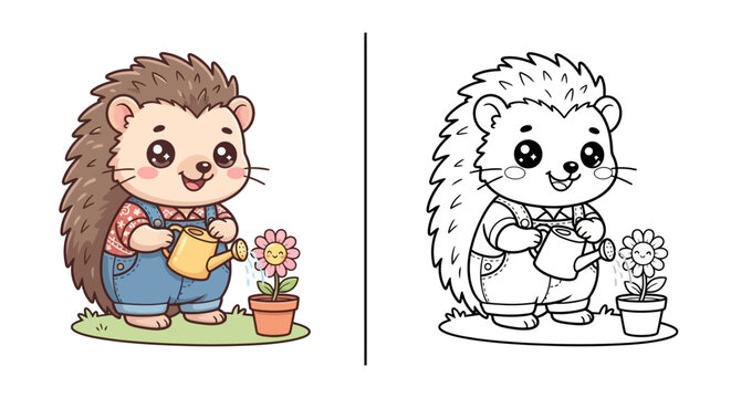 Cute kawaii hedgehog watering can flower kids coloring worksheet vector