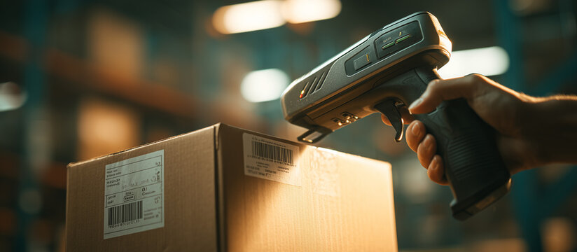 handled barcode scanner reading a shipping label