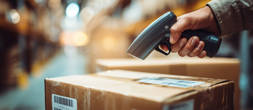 handled barcode scanner reading a shipping label