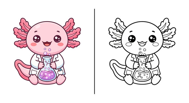 Cute kawaii axolotl scientist beaker potion kids coloring page vector
