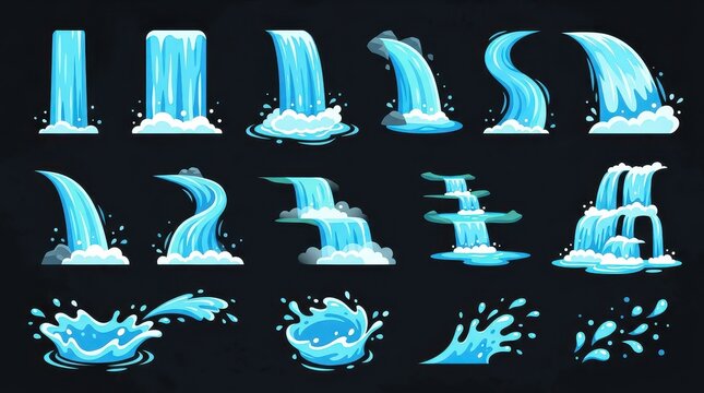 Set of Cartoon Waterfalls and Water Splashes Vector Illustrations for Game Design and Animation Assets