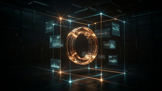 : Futuristic glowing orange portal ring surrounded by digital data panels in a dark virtual space.