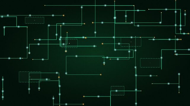 Neon Circuit Board Macro with Glowing Electric Pulses on PCB Traces