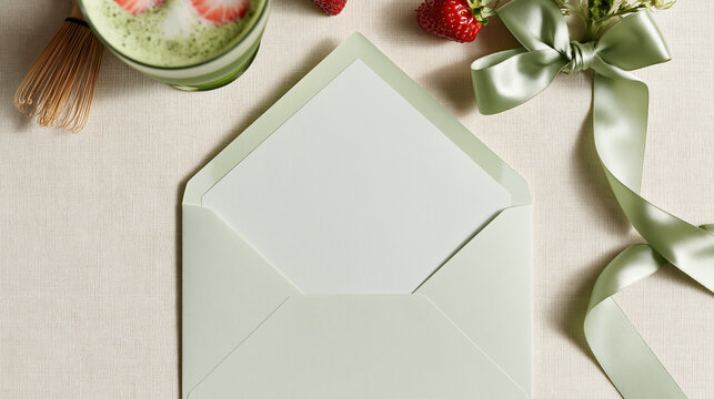 Pastel envelope liner envelope flat lay stationery ribbon green paper