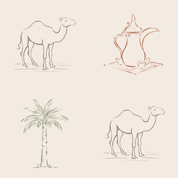 Diriyah Inspired Series: camel palm and coffee pot grid seamless pattern in gypsum white