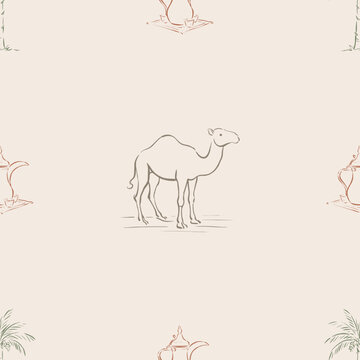 Diriyah Inspired Series: camel palm and coffee pot quincunx seamless pattern in gypsum white