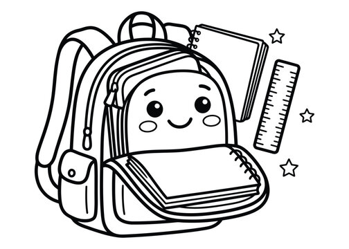 Cute kawaii school backpack with open pocket notebook and ruler coloring page backpack notebook