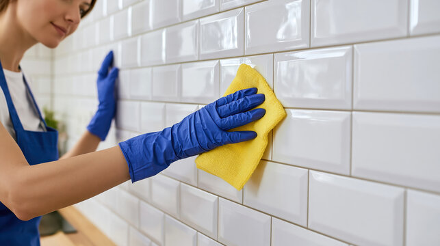 Professional cleaner wearing blue gloves wipes white tile wall with yellow cloth during kitchen sanitation