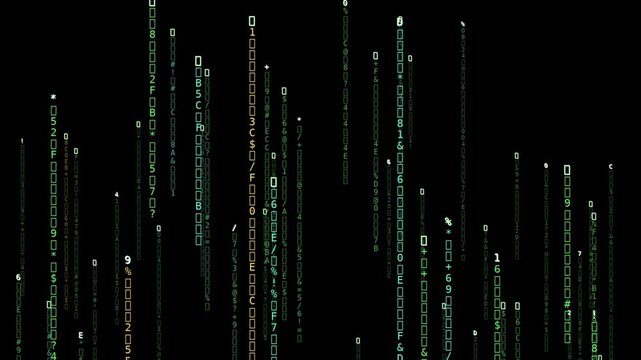 Digital Rain Matrix Code with Glowing Falling Characters in 3D Depth