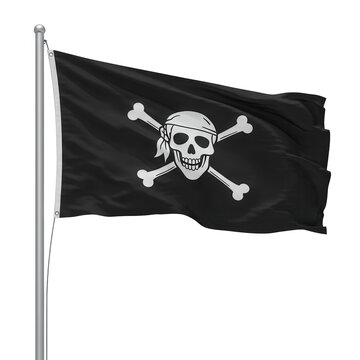 Jolly roger pirate flag waving on pole isolated on transparent background