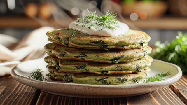 Delicious stack of healthy savory spinach pancakes topped with sour cream and fresh dill on a plate