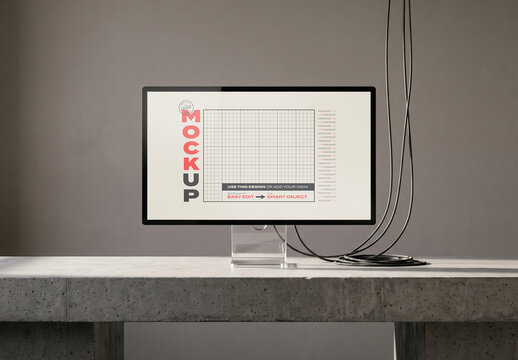 Monitor Screen Mockup on Concrete Desk with Cables
