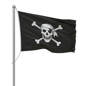 Jolly roger pirate flag waving on pole isolated on transparent background