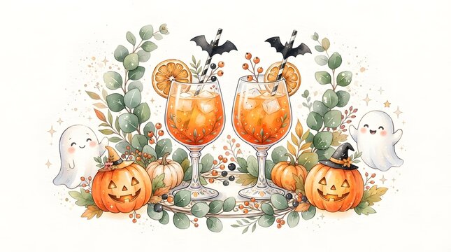 Halloween cocktail drinks with ghosts and pumpkins