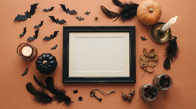 Halloween flat lay with empty picture frame and decorations