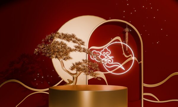 Chinese concept red wedding style with display stand ,stage podium  chinese for present products.3D rendering
