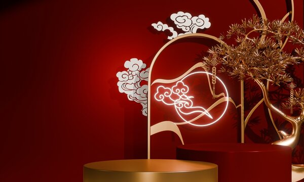 Chinese concept red wedding style with display stand ,stage podium  chinese for present products.3D rendering