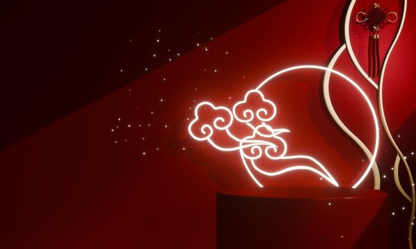 Chinese concept red wedding style with display stand ,stage podium  chinese for present products.3D rendering