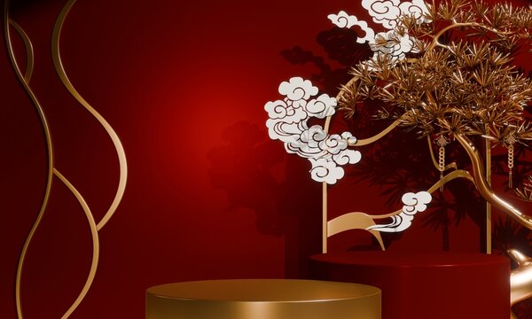 Chinese concept red wedding style with display stand ,stage podium  chinese for present products.3D rendering