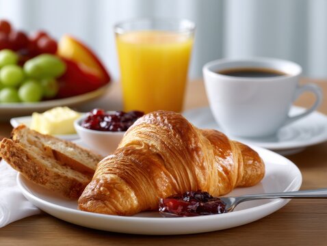 Elegant hotel breakfast featuring freshly baked croissant, artisan bread, fruit preserves, seasonal fruits, orange juice, and premium coffee on a wooden table setting