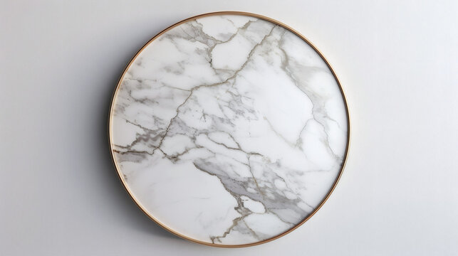 Overhead view of centered round white marble podium with gold rim on bright studio background, flat lay mockup space