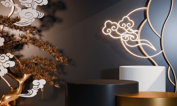 Dark black concept style ,Podium display minimal geometric abstract and decoration chinese style.3D rendering