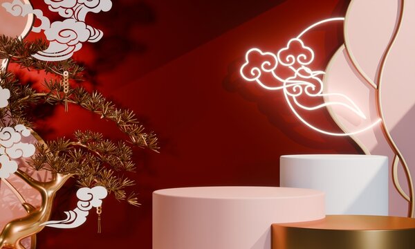 Chinese concept red wedding style with display stand ,stage podium  chinese for present products.3D rendering