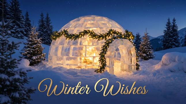 Illuminated ice igloo decorated for Christmas in a snowy winter landscape at twilight.