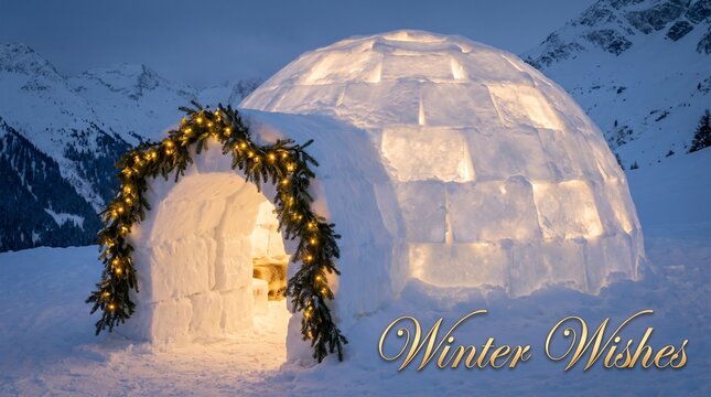 Illuminated ice igloo with Christmas lights and winter decor in a snowy mountain landscape
