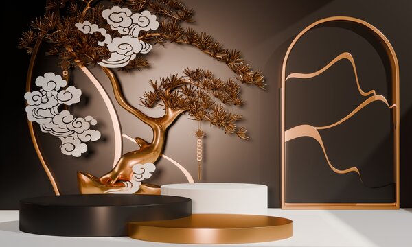 Dark black concept style ,Podium display minimal geometric abstract and decoration chinese style.3D rendering