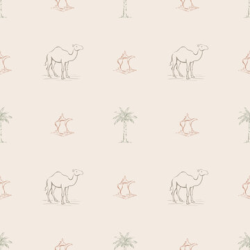 Diriyah Inspired Series: camel palm and coffee pot quincunx seamless pattern in gypsum white
