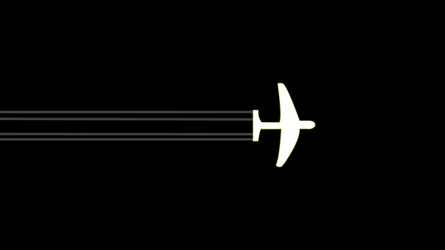 Airplane icon flying horizontally across a solid black background with parallel trail lines extending backward, symbolizing global travel, aviation logistics, and modern transportation networks.