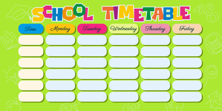 Colorful school timetable schedule chart template with paper cutout letters. Weekly lesson planner grid on green background with doodle icons for kids and students classroom wall decor, vector 