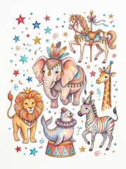 Naklejka premium Watercolor Circus Animals Collection with Elephant Lion Seal Zebra Giraffe and Carousel Horse for Kids Nursery Decor
