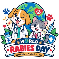 Fototapeta premium Cute dog and cat vet doctor mascot with vaccine and syringe for World Rabies Day concept vector illustration isolated on transparant background