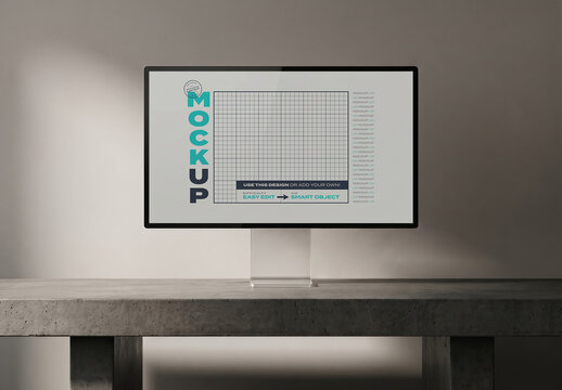 Premium Minimal Monitor Screen Mockup on Concrete Futuristic Desk