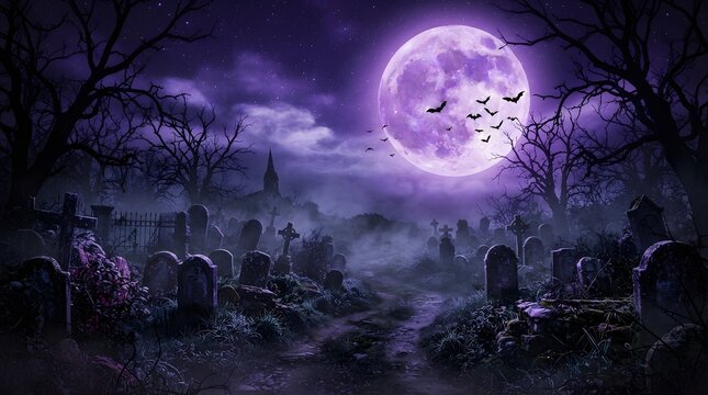 Spooky graveyard under purple full moon with bats