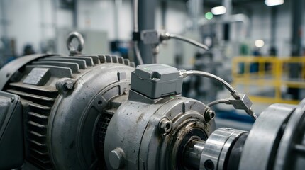 Fototapeta premium Vibration sensor mounted on an industrial electric motor for predictive maintenance monitoring