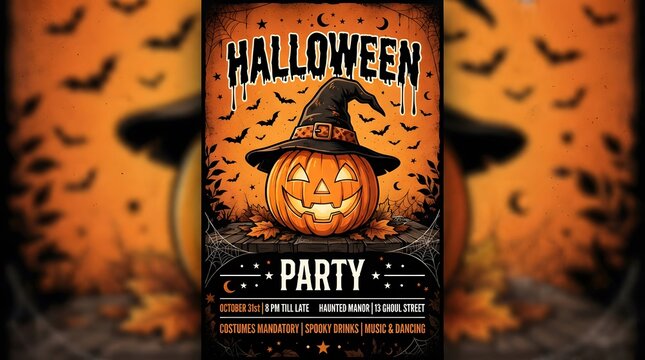Halloween party invitation poster with jackolantern and witch hat