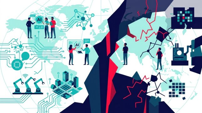 People engage in activities around a world map, discussing AIs benefits and risks. Different regions show innovation and challenges in technology.