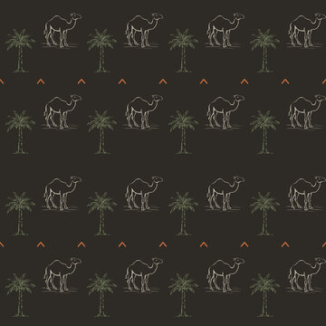 Diriyah Inspired Series: palm and camel zigzag rows seamless pattern in Diriyah night