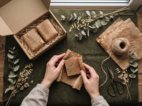 manual packaging of natural handmade eco soap in a kraft paper box with dry plants scissors and twine top view angle stock photograph of handmade product