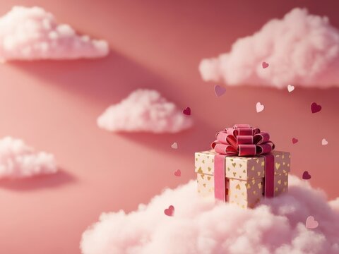 A gift box with a pink bow resting on a soft pink cloud, surrounded by floating hearts against a dreamy pink sky