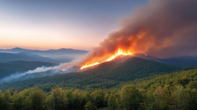 山の斜面を焼き尽くす大規模な森林火災。夕暮れ時の空に立ち昇る激しい炎と煙。自然災害と環境破壊の光景